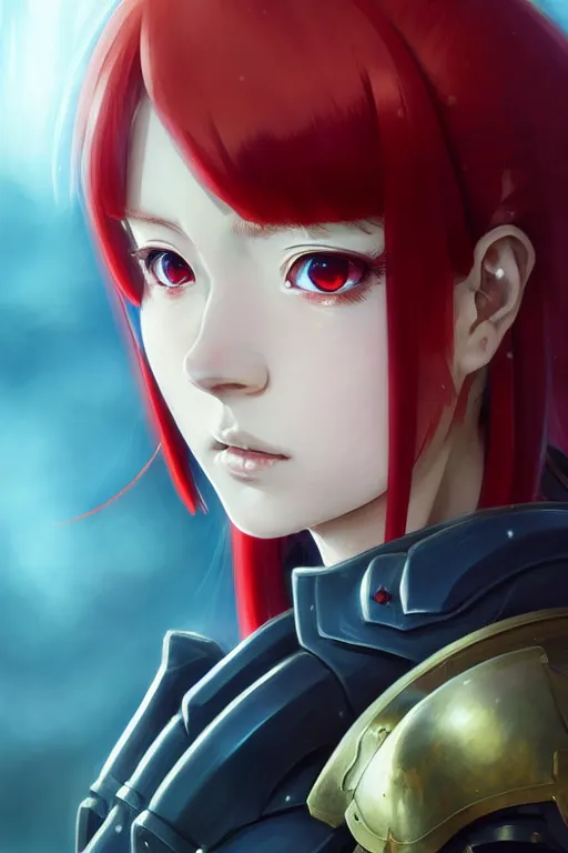 Image similar to portrait of Anime sister of battle, Warhammer 40000, cute-fine-face, red-short-hair pretty face, realistic shaded Perfect face, fine details. Anime. realistic shaded lighting by Ilya Kuvshinov katsuhiro otomo ghost-in-the-shell, magali villeneuve, artgerm, rutkowski, WLOP Jeremy Lipkin and Giuseppe Dangelico Pino and Michael Garmash and Rob Rey