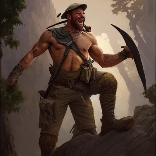 Image similar to Rugged male ranger laughing with his friends, relaxed, D&D, muscular, upper body, fantasy, intricate, elegant, highly detailed, digital painting, artstation, concept art, smooth, sharp focus, illustration, art by artgerm and greg rutkowski and alphonse mucha