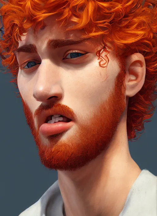 Image similar to illustration of short curly orange hair man as a self portrait, unreal engine 5, octane, smooth, reflects, masterpiece artwork, ultra detailed, artgerm, style by pixar 2 0 2 2, digital art, trending on artstation, behance, deviantart