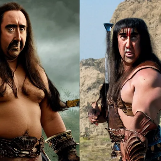 Image similar to a fat nic cage playing conan the barbarian, hd digital photography, mobie still