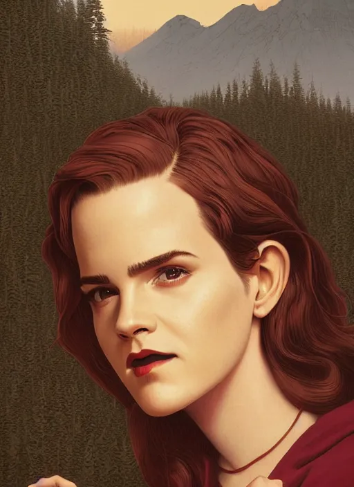 Prompt: Twin Peaks poster artwork by Michael Whelan and Tomer Hanuka, Karol Bak, Rendering of Emma Watson nun, repressing her feelings for her secret love, from scene from Twin Peaks, clean, full of details, by Makoto Shinkai and thomas kinkade, Matte painting, trending on artstation and unreal engine