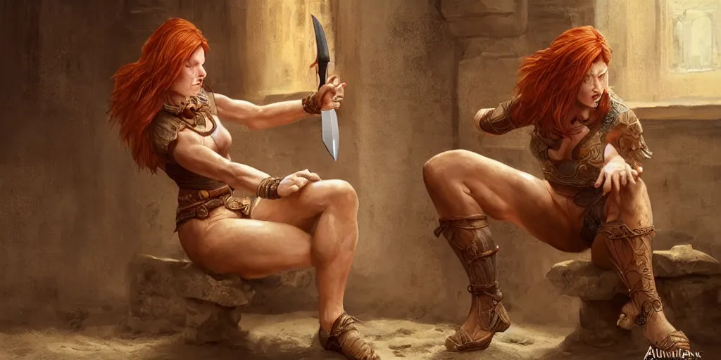 Image similar to ginger woman with problems, sitting and drinking in an ancien tavern and playing with a knife, attractive, warrior, strong body, action pose, ancient, sand, emerald, intricate, highly detailed, digital painting, artstation, concept art, smooth, sharp focus, illustration, Unreal Engine 5, 8K, art by artgerm and greg rutkowski and alphonse mucha