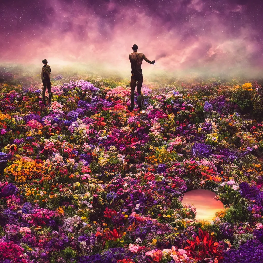 Image similar to a planet of various flowers, fungus and plants, in which the human figure is dressed in something magical and impressive, inside the picture is infinity, sunset light, Atmospheric phenomenon, artistic photography, muted colors, conceptual, long exposure outside the city