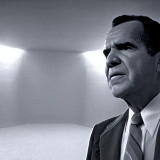 Image similar to a 1 9 7 0 s movie still of richard nixon trapped in a featureless white void room