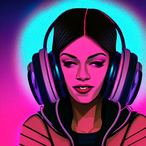 Image similar to synthwave girl wearing headphones, animated, trending on artstation, portrait