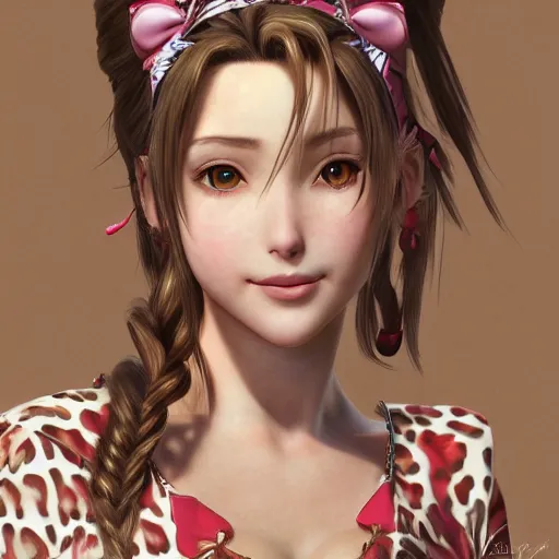 Prompt: concept art of aerith gainsborough in wall market leopard print dress, highly detailed, trending on artstation