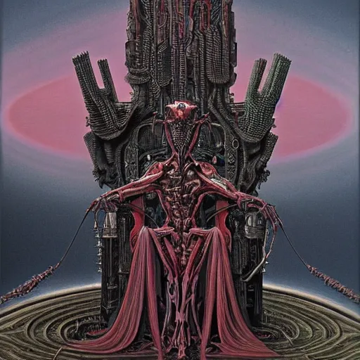 Image similar to biomechanical throne with alienic king connected to it by wayne barlowe