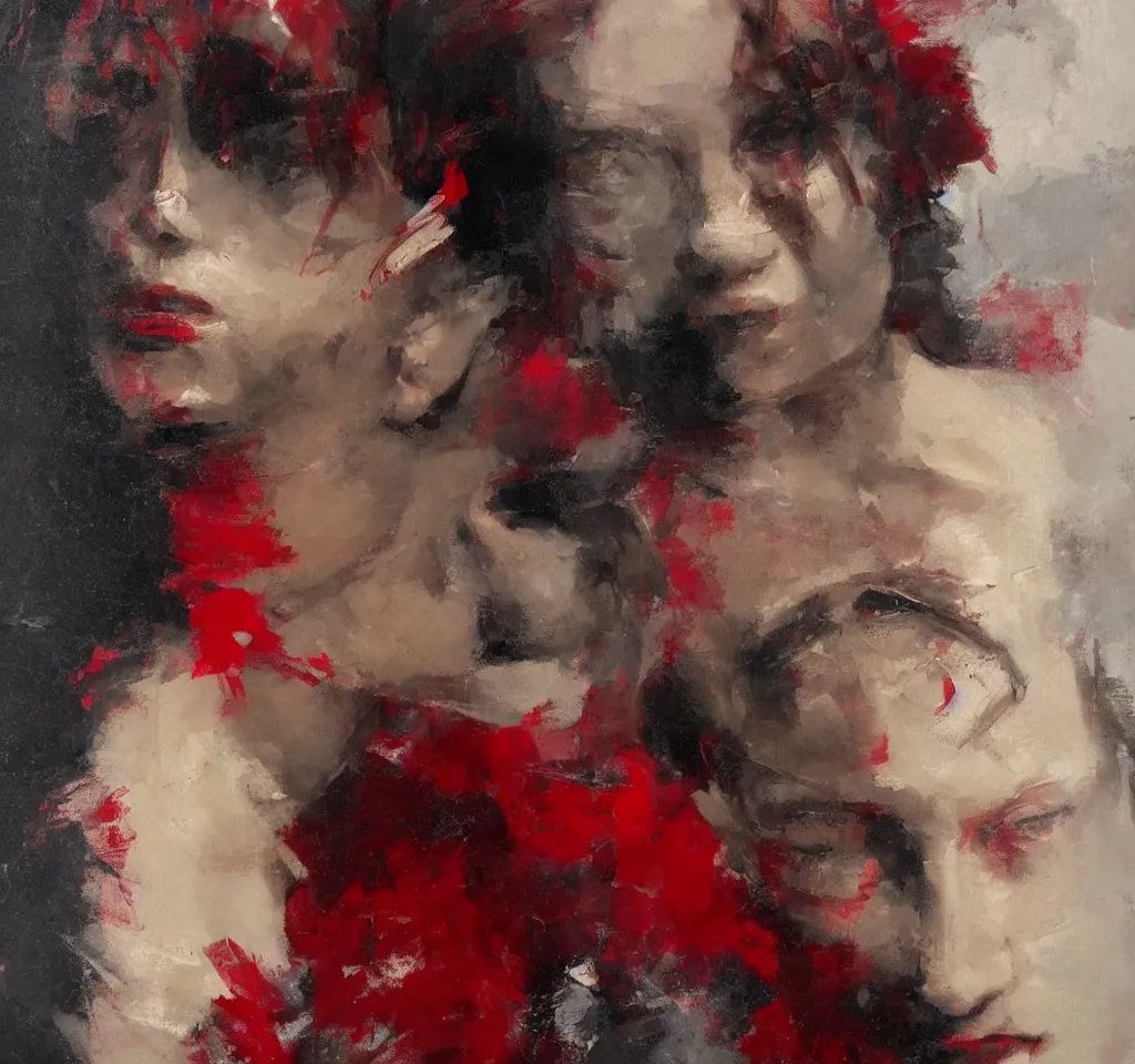 Image similar to spontaneous unfinished romantic portrait under painting, beautiful juicy brush strokes, by richard schmid and sargent, dark, black and red, trending on cgsociety, expressionism