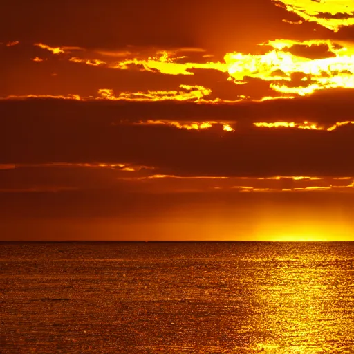 Image similar to sunset on the ocean, water is glowing golden, gold colored glowing water, sun surrounded by blackness, sky completely dark, night sky with stars visible with the sun still on the horizon