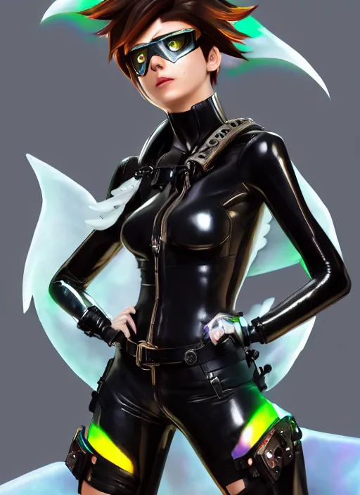 Image similar to portrait bust digital artwork of tracer overwatch, wearing black iridescent rainbow latex and leather outfit, 4 k, expressive happy smug expression, makeup, in style of mark arian, angel wings, wearing detailed black leather collar, chains, black leather harness, detailed face and eyes,