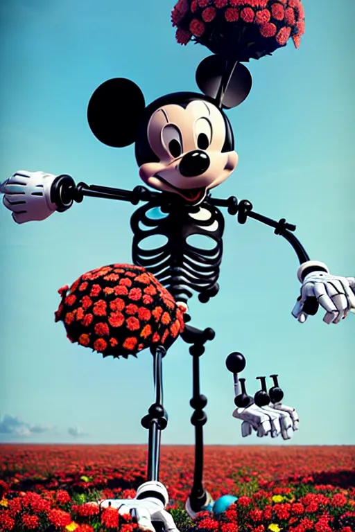 Prompt: a skeletal, mickey mouse made out of flowers and bones, taking a giant robot for a walk by beeple and arcimboldo, highly detailed, rendered in octane