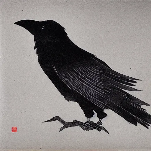 Prompt: traditional japanese ink drawing of a raven, high detail, elaborate composition, quality draughtmanship