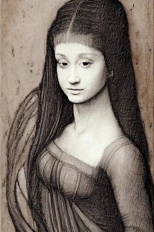 Prompt: a portrait of ariana grande in the style of leonardo da vinci drawing,, single head, no double head,