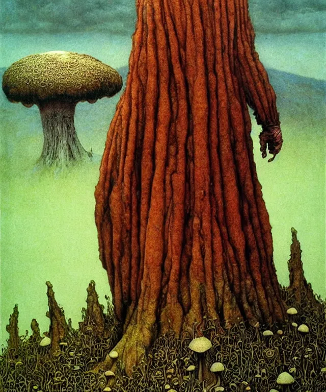 Prompt: A detailed funguswoman stands among the mushroom hills. Wearing a ripped mantle, robe. Perfect faces, extremely high details, realistic, fantasy art, solo, masterpiece, art by Zdzisław Beksiński, Arthur Rackham, Dariusz Zawadzki