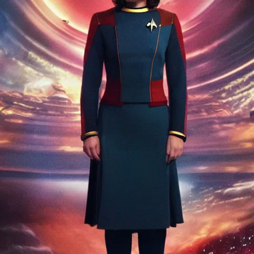 Image similar to a beautiful full body photograph of younger jenna louise coleman as a star fleet officer from star trek next generation, full dress uniform, symmetrical face, extreme realism and detail, 8 k, completely framed, direct lighting, 3 5 mm photo, photorealistic, sharp focus