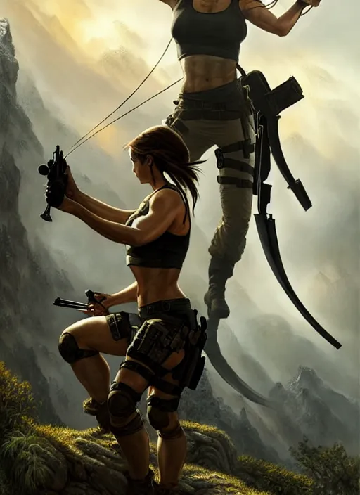 Image similar to lara croft and colin farrell as combat specialists, fantasy magic, light night, intricate, elegant, sharp focus, illustration, highly detailed, digital painting, concept art, matte, art by wlop and artgerm and ivan shishkin and andrey shishkin, masterpiece