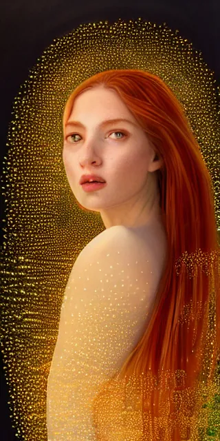 Image similar to young woman surrounded by golden firefly lights in a mesmerizing scene, amidst nature fully covered by a intricate detailed dress, long loose red hair, precise linework, accurate green eyes, small nose with freckles, smooth oval shape face, empathic, bright smile, expressive emotions, hyper realistic ultrafine art by artemisia gentileschi, jessica rossier, boris vallejo