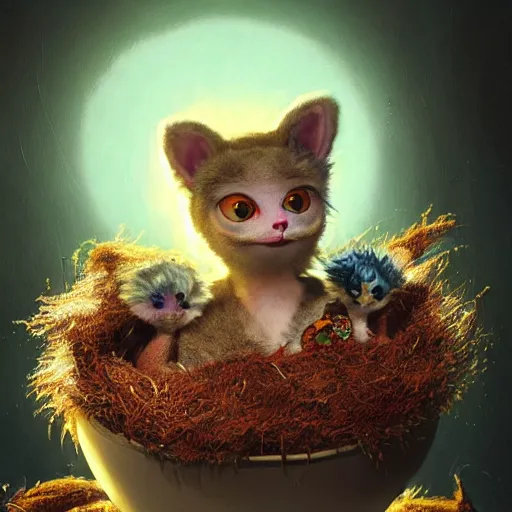 Prompt: long shot of a very furry alien chick nesting in a floral cup, esao andrews, by m. w. kaluta, humorous!!! illustration, hyperrealistic, tilt shift, warm colors, night scenery, low light, 3 d octane render, 4 k, volumetric lights, smooth, cosy atmosphere, conceptart, hyperdetailed, trending on deviantart