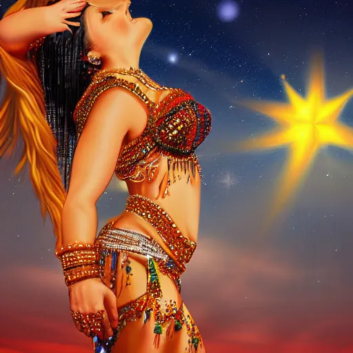 Image similar to Belly dancer looking at a starry sky, epic, digital art, highly detailed, soft light