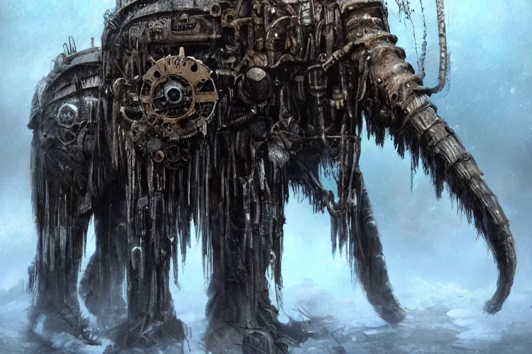Image similar to a giant steampunk mammoth, post - apocalyptic ice landscape in snowstorm, concept art by hr giger, artstation, highly detailed, digital art