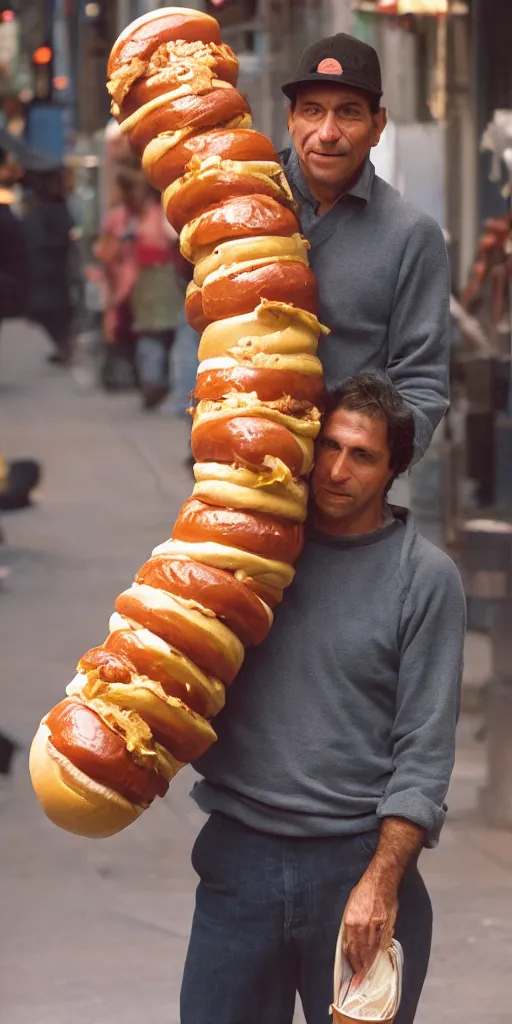 Image similar to closeup portrait of a man carrying a giant hotdog on his shoulder in a smoky new york back street, by Annie Leibovitz and Steve McCurry, natural light, detailed face, CANON Eos C300, ƒ1.8, 35mm, 8K, medium-format print