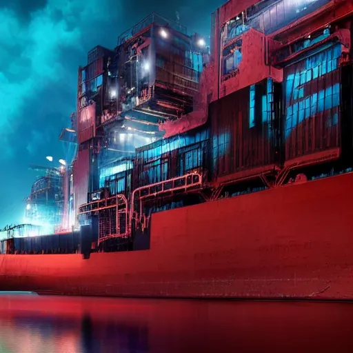 Prompt: photo of immense gigantic industrial futuristic cargo ship arrives at cyber punk city sea port,dark cinematic lighting, vibrant colour scheme,