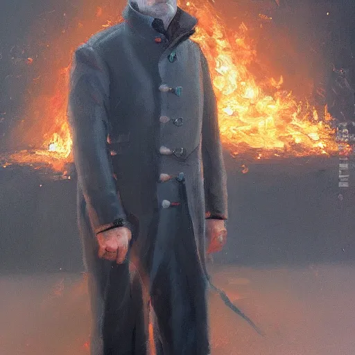Image similar to an artstation trending portrait painting of a bald english man standing in front of a building on fire, fine painting