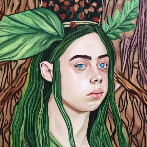 Prompt: Acrylic on canvas long shot of Billie Eilish as a wood princess with a leaf dress, low-key lighting, woods background, fairy tale, nature, forest, detailed face, realistic