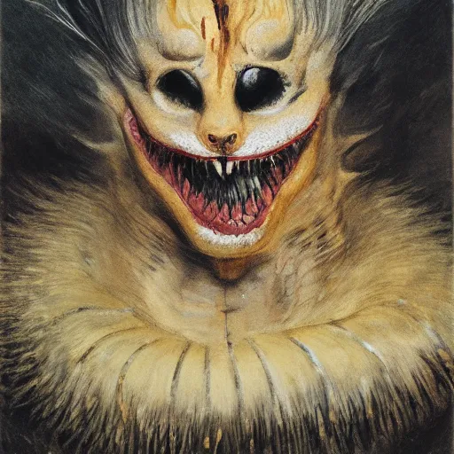 Prompt: demiurge head face eyes fangs serpent serpent python wearing a lion costume furry ears neck neck tall long viper j.m.w. turner greg rutkowski giorgio de chirico william merritt chase ralph steadman arsen savadov dan witz uta natsume