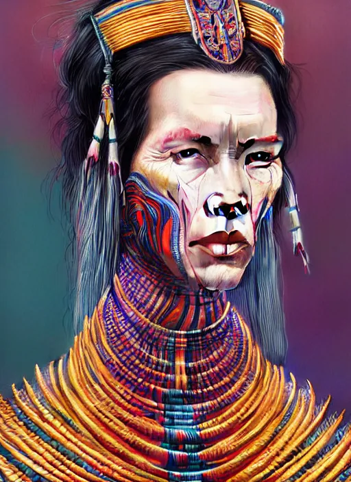 Image similar to portrait of catriona balfe as a long - neck kayan woman, hyper detailed ultra sharp trending on artstation, warpaint aesthetic, colorful, psychedelic, ornate, intricate, digital painting, concept art, smooth, sharp focus, illustration, art by artgerm and greg rutkowski and h. r. giger, 8 k