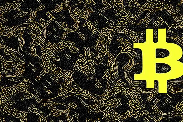 Image similar to a young dragon of black and gold, clouds, bitcoin patterned logo