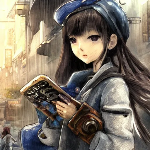 Image similar to dynamic composition, motion, ultra-detailed, incredibly detailed, a lot of details, amazing fine details and brush strokes, colorful and grayish palette, smooth, HD semirealistic anime CG concept art digital painting, watercolor oil painting of Clean and detailed post-cyberpunk sci-fi close-up schoolgirl in asian city in style of cytus and deemo, blue flame, relaxing, calm and mysterious vibes,, by a Chinese artist at ArtStation, by Huang Guangjian, Fenghua Zhong, Ruan Jia, Xin Jin and Wei Chang. Realistic artwork of a Chinese videogame, gradients, gentle an harmonic grayish colors. set in half-life 2, Matrix, GITS, Blade Runner, Neotokyo Source, Syndicate(2012), dynamic composition, beautiful with eerie vibes, very inspirational, very stylish, with gradients, surrealistic, dystopia, postapocalyptic vibes, depth of field, mist, rich cinematic atmosphere, perfect digital art, mystical journey in strange world