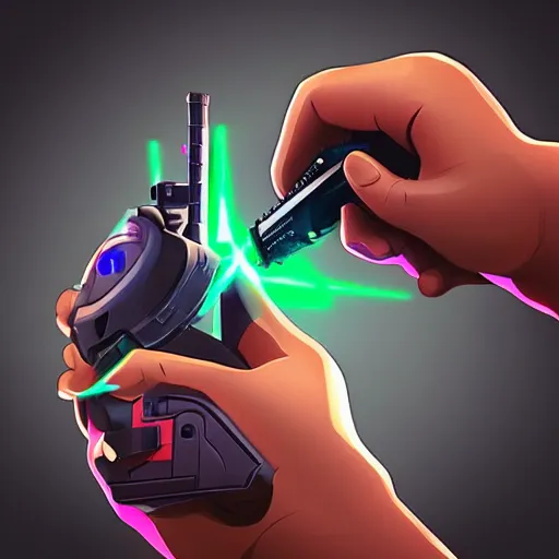 Prompt: “ hand in glove holding laser gun from the side, cinematic, digital art, fortnite style, award winning ”