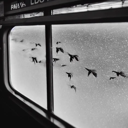 Image similar to storm of birds inside a train. trenitalia. genova. cinematic. rule if thirds. 4 k. film still.