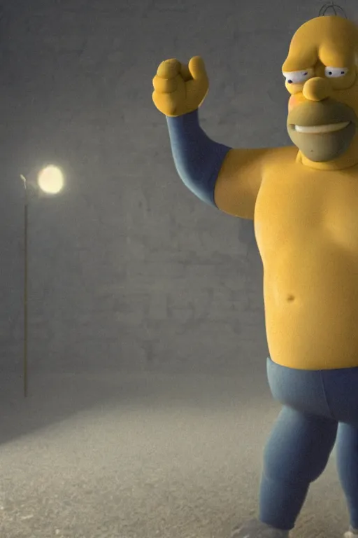 Image similar to An epic cinematic film still of a realistic Homer Simpson.