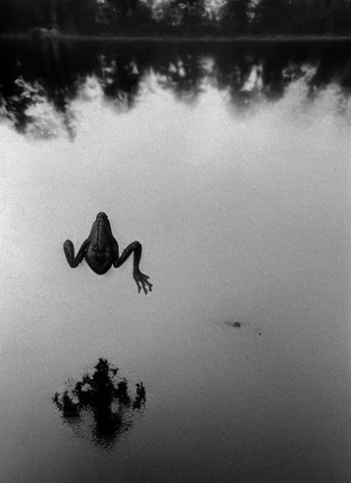 Image similar to “semitranslucent smiling frog amphibian vertically hovering over misty lake waters in Jesus Christ pose, low angle, long cinematic shot by Andrei Tarkovsky, paranormal, eerie, mystical”