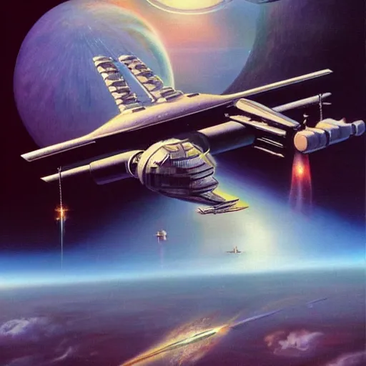 Image similar to a beautiful picture of a spaceship docking to a space station by Boris Vallejo trending on Artstation