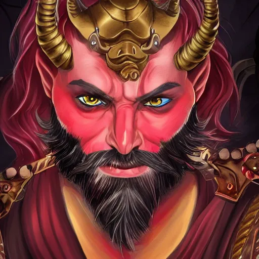 Image similar to dnd portrait of a tiefling, male, red scales, a big black beard, completely golden eyes, 2 curved horns growing out of his forehead,