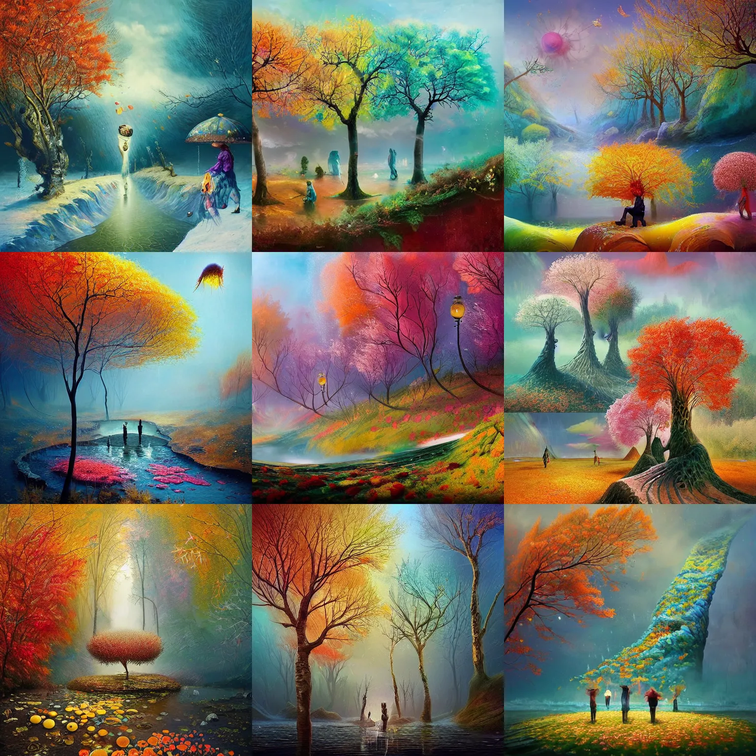 Prompt: a matte painting of the four season on an alien landscape, seasons!! : spring 🌸 summer ☀ autumn 🍂 winter ❄, a river splits!! the seaons, painted by gediminas pranckevicius, inspired by mimmo rotella, inspired by alberto seveso, quantum wavetracer