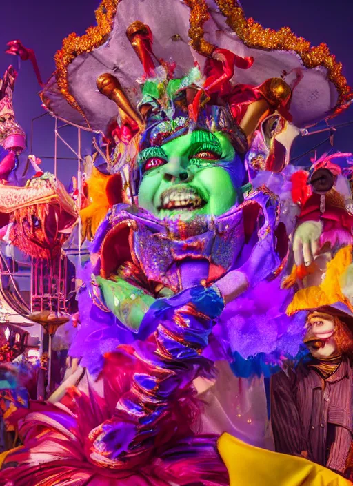 Prompt: professional photography, octane render, beautiful aesthetic whimsical horror, carnival, fools and jesters performing at a carnival, high-resolution, extreme detail, beautiful colorful lights