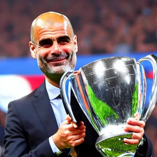 Image similar to High quality front photo of Pep Guardiola lifting a champions league trophy