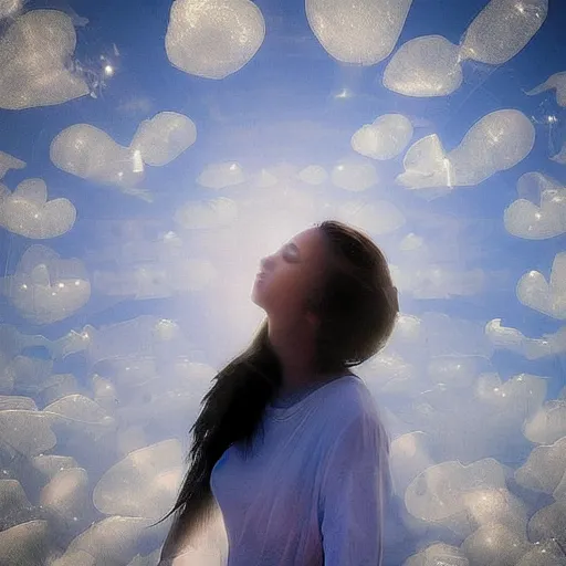 Image similar to “ euphoric woman floating in translucent clouds, psychic mist, beautiful ethereal ”