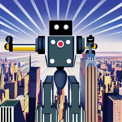 Prompt: An antropomorphic robot with a gun climbs to the empire state building, cartoon, 2D