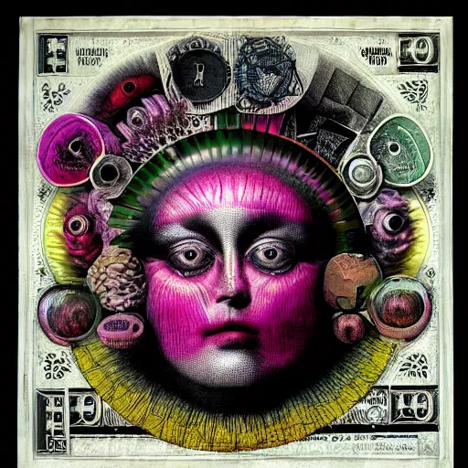 Image similar to post - punk new age album cover, asymmetrical design, frame of dollar bank notes, capitalism, magic, apocalypse, psychedelic, black white pink, magic, giger h. r., giuseppe arcimboldo