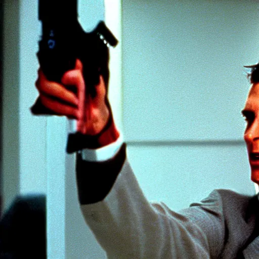 Image similar to patrick bateman shooting cops in american psycho ( 1 9 9 9 )