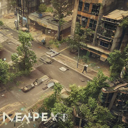 Image similar to an apocalyptic city scene, overgrown foliage, a single person standing in the road back facing the camera, hyper detailed, 4 k octane render