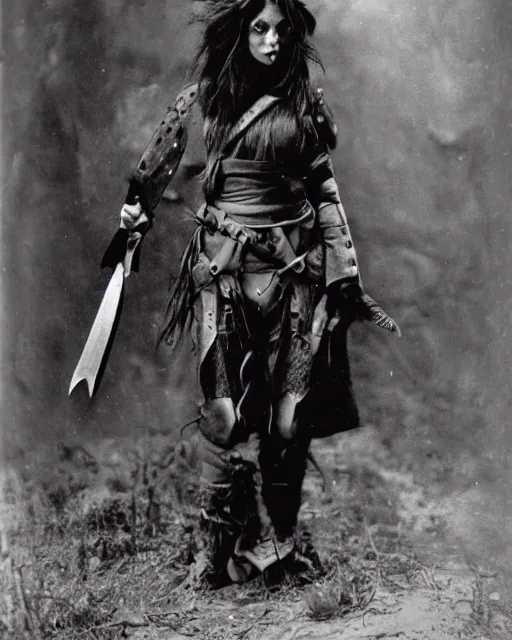 Image similar to female half orc with brown hair, melee weapons, dnd, leather clothing, photo by gertrude kasebier