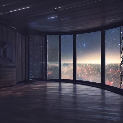 Prompt: wood room with a view of a nebula, modern architecture, cinematic, high quality, 8k, hyper realistic,