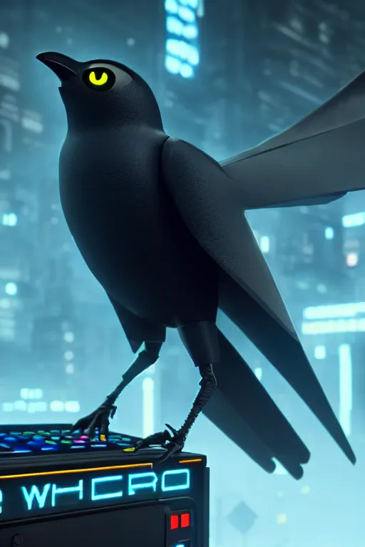 Image similar to high quality 3 d render very cute cyborg crow! sings into microphone!, cyberpunk highly detailed, unreal engine cinematic smooth, in the style of blade runner & detective pikachu, hannah yata charlie immer, moody light, low angle, uhd 8 k, sharp focus