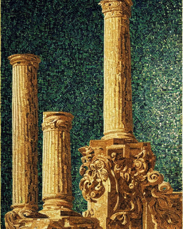Image similar to achingly beautiful painting of intricate ancient roman corinthian capital on glowing mosaic background by rene magritte, monet, and turner. giovanni battista piranesi.